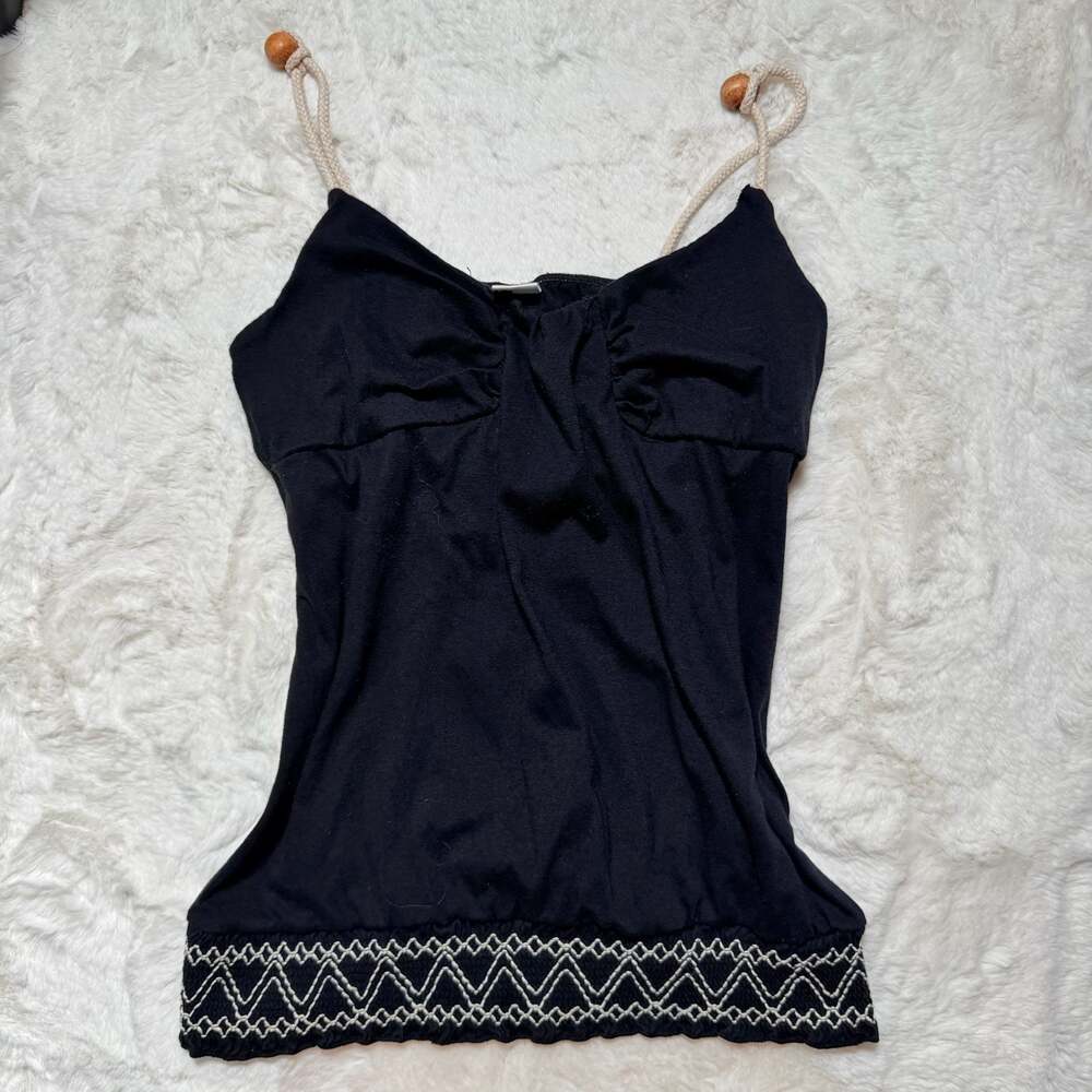 Bongo Black Sleeveless Tank Top with Rope Straps and Embroidered Hem Size M